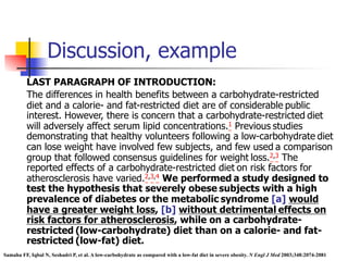 Discussion, example 
LAST PARAGRAPH OF INTRODUCTION: 
The differences in health benefits between a carbohydrate-restricted 
diet and a calorie- and fat-restricted diet are of considerable public 
interest. However, there is concern that a carbohydrate-restricted diet 
will adversely affect serum lipid concentrations.1 Previous studies 
demonstrating that healthy volunteers following a low-carbohydrate diet 
can lose weight have involved few subjects, and few used a comparison 
group that followed consensus guidelines for weight loss.2,3 The 
reported effects of a carbohydrate-restricted diet on risk factors for 
atherosclerosis have varied.2,3,4 We performed a study designed to 
test the hypothesis that severely obese subjects with a high 
prevalence of diabetes or the metabolic syndrome [a] would 
have a greater weight loss, [b] without detrimental effects on 
risk factors for atherosclerosis, while on a carbohydrate-restricted 
(low-carbohydrate) diet than on a calorie- and fat-restricted 
(low-fat) diet. 
Samaha FF, Iqbal N, Seshadri P, et al. A low-carbohydrate as compared with a low-fat diet in severe obesity. N Engl J Med 2003;348:2074-2081 
 