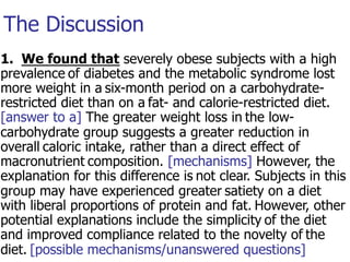 The Discussion 
1. We found that severely obese subjects with a high 
prevalence of diabetes and the metabolic syndrome lost 
more weight in a six-month period on a carbohydrate-restricted 
diet than on a fat- and calorie-restricted diet. 
[answer to a] The greater weight loss in the low-carbohydrate 
group suggests a greater reduction in 
overall caloric intake, rather than a direct effect of 
macronutrient composition. [mechanisms] However, the 
explanation for this difference is not clear. Subjects in this 
group may have experienced greater satiety on a diet 
with liberal proportions of protein and fat. However, other 
potential explanations include the simplicity of the diet 
and improved compliance related to the novelty of the 
diet. [possible mechanisms/unanswered questions] 
 