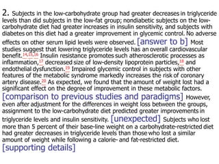 2. Subjects in the low-carbohydrate group had greater decreases in triglyceride 
levels than did subjects in the low-fat group; nondiabetic subjects on the low-carbohydrate 
diet had greater increases in insulin sensitivity, and subjects with 
diabetes on this diet had a greater improvement in glycemic control. No adverse 
effects on other serum lipid levels were observed. [answer to b] Most 
studies suggest that lowering triglyceride levels has an overall cardiovascular 
benefit.14,15,16 Insulin resistance promotes such atherosclerotic processes as 
inflammation,17 decreased size of low-density lipoprotein particles,18 and 
endothelial dysfunction.19 Impaired glycemic control in subjects with other 
features of the metabolic syndrome markedly increases the risk of coronary 
artery disease.20 As expected, we found that the amount of weight lost had a 
significant effect on the degree of improvement in these metabolic factors. 
[comparison to previous studies and paradigms] However, 
even after adjustment for the differences in weight loss between the groups, 
assignment to the low-carbohydrate diet predicted greater improvements in 
triglyceride levels and insulin sensitivity. [unexpected] Subjects who lost 
more than 5 percent of their base-line weight on a carbohydrate-restricted diet 
had greater decreases in triglyceride levels than those who lost a similar 
amount of weight while following a calorie- and fat-restricted diet. 
[supporting details] 
 