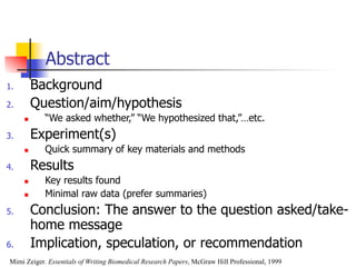 Abstract 
1. Background 
2. Question/aim/hypothesis 
n “We asked whether,” “We hypothesized that,”…etc. 
3. Experiment(s) 
n Quick summary of key materials and methods 
4. Results 
n Key results found 
n Minimal raw data (prefer summaries) 
5. Conclusion: The answer to the question asked/take-home 
message 
6. Implication, speculation, or recommendation 
Mimi Zeiger. Essentials of Writing Biomedical Research Papers, McGraw Hill Professional, 1999 
 
