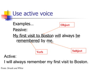 Use active voice 
Examples… 
Object 
Passive: 
My first visit to Boston will always be 
remembered by me. 
Verb Subject 
Active: 
I will always remember my first visit to Boston. 
From: Strunk and White 
 