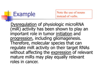 Note the use of nouns 
instead of verbs. 
Example 
Dysregulation of physiologic microRNA 
(miR) activity has been shown to play an 
important role in tumor initiation and 
progression, including gliomagenesis. 
Therefore, molecular species that can 
regulate miR activity on their target RNAs 
without affecting the expression of relevant 
mature miRs may play equally relevant 
roles in cancer. 
 