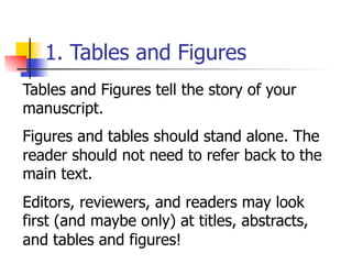 1. Tables and Figures 
Tables and Figures tell the story of your 
manuscript. 
Figures and tables should stand alone. The 
reader should not need to refer back to the 
main text. 
Editors, reviewers, and readers may look 
first (and maybe only) at titles, abstracts, 
and tables and figures! 
 