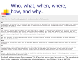 Who, what, when, where, 
how, and why… 
Reprinted, with permission, from: Annesley TM. Who, what, when, where, how, and why: The ingredients in 
the recipe for a successful methods section. Clinical Chemistry. June 2010 vol. 56 no. 6, 897-901. 
 