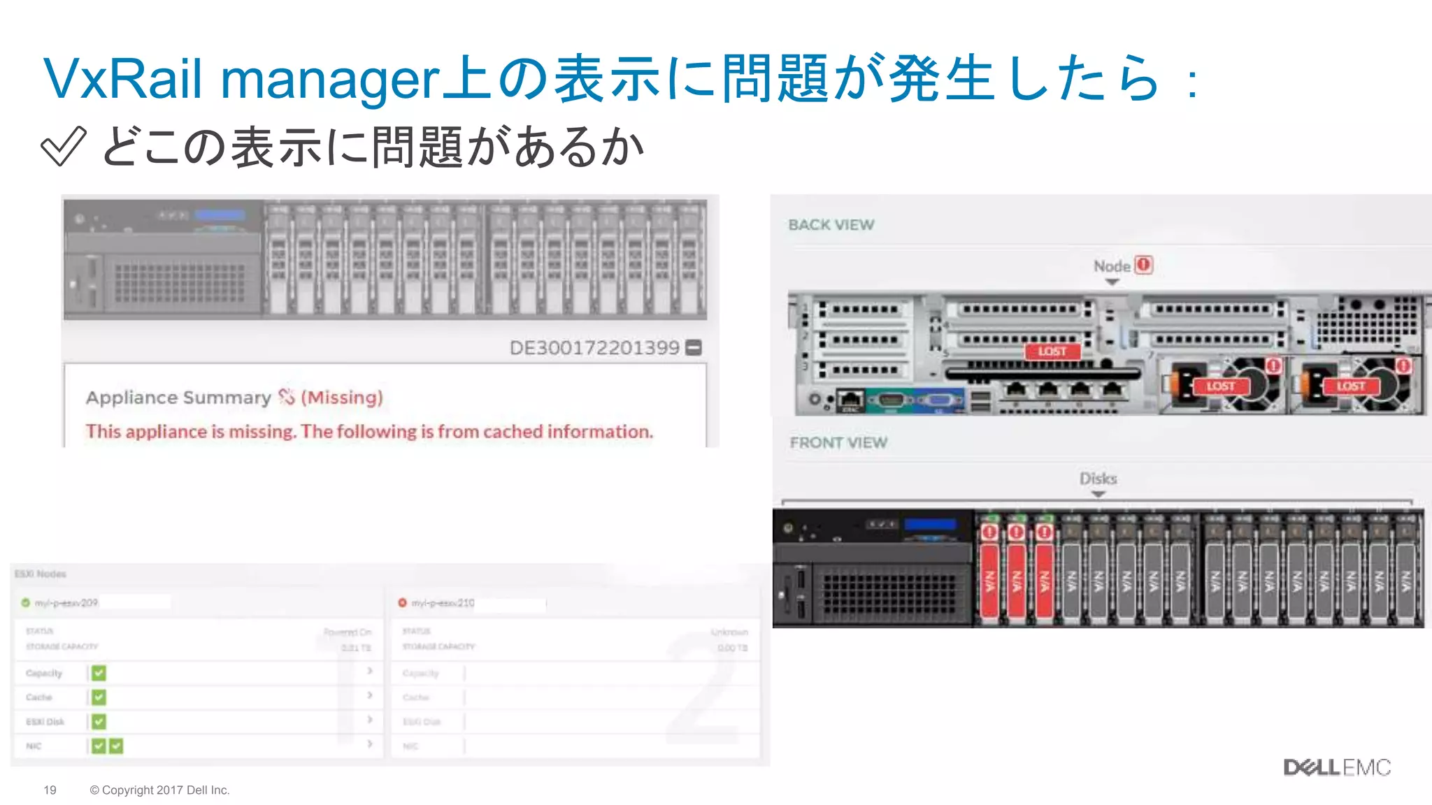 © Copyright 2017 Dell Inc.19
VxRail manager上の表示に問題が発生したら：
✅ どこの表示に問題があるか
 
