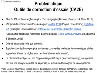 C.Coulombe - Sémantron
● Plus de 100 mots en anglais ou plus d’un paragraphe [Burrows, Gurevych & Stein, 2015];
● +12 produits commerciaux tous en anglais: e-rater, PEG (Project Essay Grade), LightSide,
IEA (Intelligent Essay Assessor), IntelliMetric, Benchmark-SkillWriter, CRASE
(Constructed-Response Automated Scoring Engine), Lexile Writing Analyzer, etc. [Shermis
& Burstein, 2013];
● Orienté davantage style que contenu;
● Exploitent des technologies plus anciennes comme des méthodes lexicométriques et des
approches à base de règles avec des heuristiques astucieuses*;
● La plupart utilisent peu ou pas l’apprentissage statistique (machine learning), ne reposent
pas sur une analyse détaillée de la phrase, ni sur un modèle cognitif de la compétence.
Problématique
Outils de correction d’essais (CA2E)
*Note: Longueur moyenne des phrases, étendue du vocabulaire, nombre de fautes d’orthographe, présence de mots
comme « then », « because », « since », ou de mots connecteurs « and », « or », de verbes particuliers, etc.
 