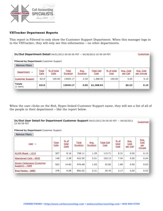 VXTracker Department Reports

This report is Filtered to only show the Customer Support Department. When this manager logs in
to the VXTracker, they will only see this information – no other departments.




When the user clicks on the Red, Hyper-linked Customer Support name, they will see a list of all of
the people in their department – like the report below.




         CONNECTIONS • http://www.callaccounting.com • sales@callaccounting.com • 800-900-9700
 