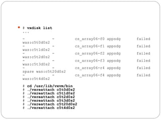  # vxdisk list
...
- - cs_array06-f0 appsdg failed
was:c5t0d0s2
- - cs_array06-f1 appsdg failed
was:c5t1d0s2
- - cs_array06-f2 appsdg failed
was:c5t2d0s2
- - cs_array06-f3 appsdg failed
was:c5t3d0s2
- - cs_array06-r4 appsdg failed
spare was:c5t20d0s2
- - cs_array06-f4 appsdg failed
was:c5t4d0s2
# cd /usr/lib/vxvm/bin
# ./vxreattach c5t0d0s2
# ./vxreattach c5t1d0s2
# ./vxreattach c5t2d0s2
# ./vxreattach c5t3d0s2
# ./vxreattach c5t20d0s2
# ./vxreattach c5t4d0s2
 