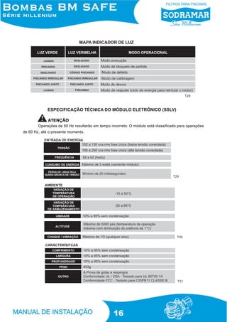 MAPA INDICADOR DE LUZ

T28

ESPECIFICAÇÃO TÉCNICA DO MÓDULO ELETRÔNICO (SSLV)
ATENÇÃO
Operações de 50 Hz resultarão em tempo incorreto. O módulo está classificado para operações
de 60 Hz, até o presente momento.

T29

T30

T31

16

 