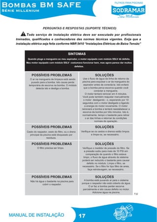 PERGUNTAS E RESPOSTAS (SUPORTE TÉCNICO)

Todo serviço de instalação elétrica deve ser executado por profissionais
treinados, qualificados e conhecedores das normas técnicas vigentes. Exija que a
instalação elétrica seja feita conforme NBR 5410 “Instalações Elétricas de Baixa Tensão”

T32

17

 