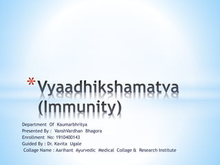 Department Of Kaumarbhritya
Presented By : VanshVardhan Bhagora
Enrollment No: 1910400143
Guided By : Dr. Kavita Ugale
Collage Name : Aarihant Ayurvedic Medical Collage & Research Institute
*
 