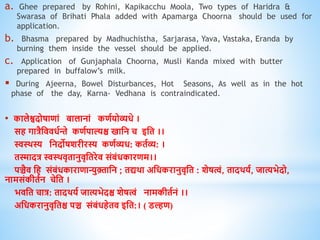 a. Ghee prepared by Rohini, Kapikacchu Moola, Two types of Haridra &
Swarasa of Brihati Phala added with Apamarga Choorna should be used for
application.
b. Bhasma prepared by Madhuchistha, Sarjarasa, Yava, Vastaka, Eranda by
burning them inside the vessel should be applied.
c. Application of Gunjaphala Choorna, Musli Kanda mixed with butter
prepared in buffalow’s milk.
 During Ajeerna, Bowel Disturbances, Hot Seasons, As well as in the hot
phase of the day, Karna- Vedhana is contraindicated.
• कालेश्वदोषािां बालानां किवयोव्यिे ।
सि गात्रैधिििवन्ते किवपाल्यश्च खाधन च इधि ।।
स्वथिस्य धनदोषशरीरस्य किवव्यि: किवव्य: ।
िस्मादत्र स्वथििृिानुिृधिरेि संबंिकारिम।।
पञ्चैि धि संबंिकारािान्युक़्ताधन ; िद्यिा अधिकरानुिृधि : शेषत्वं, िादियव, जात्यभेदो,
नामसंकीिवन चेधि ।
भिधि चात्र: िादियव जात्यभेदश्च शेषत्वं नामकीिवनं ।।
अधिकरानुिृधिश्च पञ्च संबंििेिि इधि:। ( डल्हि)
 