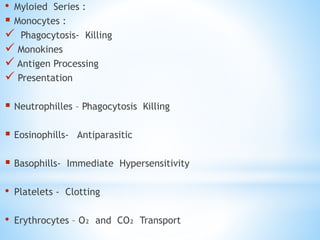 • Myloied Series :
 Monocytes :
 Phagocytosis- Killing
 Monokines
 Antigen Processing
 Presentation
 Neutrophilles – Phagocytosis Killing
 Eosinophills- Antiparasitic
 Basophills- Immediate Hypersensitivity
• Platelets - Clotting
• Erythrocytes – O₂ and CO₂ Transport
 