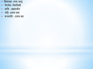 • धिशाखा- मध्य आयु
• नैगमेष- धचरंधजिी
• ऋधष - ब्रह्मिचवस
• नधद- उत्तम जल
• िनस्पधि - उत्तम व्रि
 