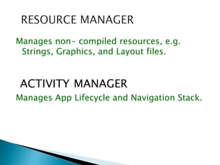 Manages non- compiled resources, e.g.
Strings, Graphics, and Layout files.
ACTIVITY MANAGER
Manages App Lifecycle and Navigation Stack.
 