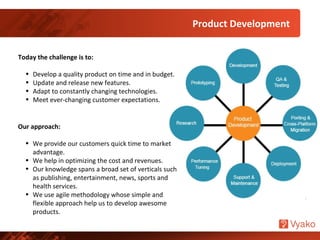 Product Development
Today the challenge is to:
• Develop a quality product on time and in budget.
• Update and release new features.
• Adapt to constantly changing technologies.
• Meet ever-changing customer expectations.
Our approach:
• We provide our customers quick time to market
advantage.
• We help in optimizing the cost and revenues.
• Our knowledge spans a broad set of verticals such
as publishing, entertainment, news, sports and
health services.
• We use agile methodology whose simple and
flexible approach help us to develop awesome
products.
 