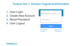 1. User Login
2. Create New Account
3. Reset Password
4. User Logout
Feature Set-1: Amazon Cognito Authentication
 