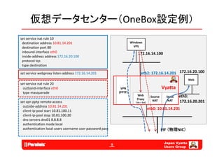 仮想データセンター（OneBox設定例）
set service nat rule 10
 destination address 10.81.14.201
 destination address 10 81 14 201                                       Windows
 destination port 80                                                      VPS
 inbound‐interface eth0                                                      172.16.14.100
 inside‐address address 172.16.20.100
 protocol tcp
 protocol tcp
 type destination

set service webproxy listen‐address 172.16.14.201                               eth2: 172.16.14.201 172.16.20.100
                                                                                                                    Web
                                                                                                                    W b
set service nat rule 20
  outband‐interface eth0                                        VPN                                 Vyatta
  type masquerade                                              (PPTP)
                                                                            Web           Source 
                                                                                          Source      Static 
                                                                                                      Static    eth3: 
                                                                                                                eth3:
                                                                            Proxy          NAT         NAT
set vpn pptp remote‐access                                                 （Int‐> Ext)                          172.16.20.201
  outside‐address 10.81.14.201
                                                                                         eth0: 10.81.14.201
  client‐ip‐pool start 10.81.100.11
  client‐ip‐pool stop 10.81.100.20
  client ip pool stop 10 81 100 20
  dns‐servers dns01 8.8.8.8
  authentication mode local
  authentication local‐users username user password pass                                            PIF （物理NIC）


                                                                                                     Japan Vyatta
                                                           9
                                                                                                     Users Group
 