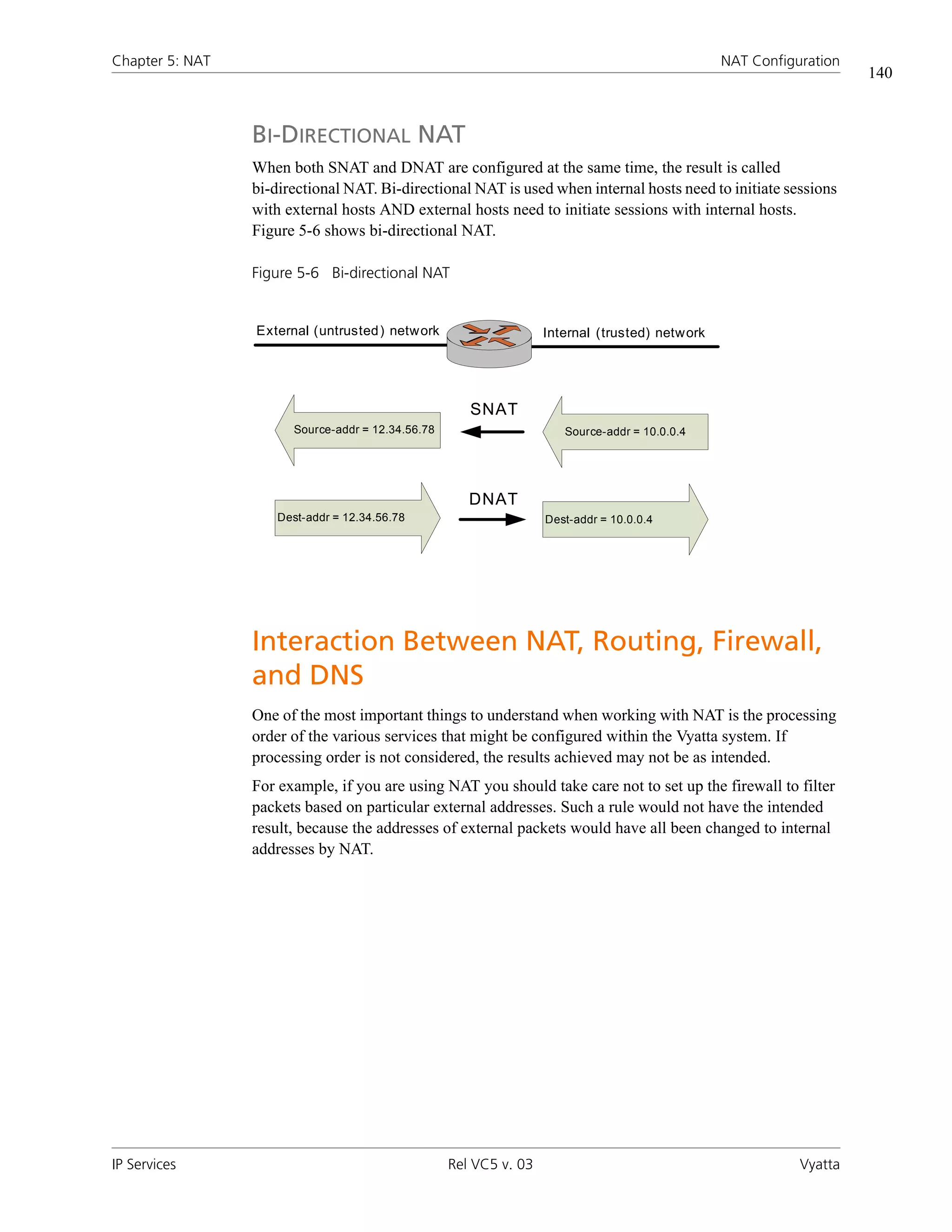 Chapter 5: NAT                                                                                  NAT Configuration
                                                                                                                    140


                 BI-DIRECTIONAL NAT
                 When both SNAT and DNAT are configured at the same time, the result is called
                 bi-directional NAT. Bi-directional NAT is used when internal hosts need to initiate sessions
                 with external hosts AND external hosts need to initiate sessions with internal hosts.
                 Figure 5-6 shows bi-directional NAT.

                 Figure 5-6 Bi-directional NAT


                 External (untrusted ) network                     Internal (trusted) network




                                                      SNAT
                       Source-addr = 12.34.56.78                      Source-addr = 10.0.0.4




                                                      DNAT
                    Dest-addr = 12.34.56.78                        Dest-addr = 10.0.0.4




                 Interaction Between NAT, Routing, Firewall,
                 and DNS
                 One of the most important things to understand when working with NAT is the processing
                 order of the various services that might be configured within the Vyatta system. If
                 processing order is not considered, the results achieved may not be as intended.
                 For example, if you are using NAT you should take care not to set up the firewall to filter
                 packets based on particular external addresses. Such a rule would not have the intended
                 result, because the addresses of external packets would have all been changed to internal
                 addresses by NAT.




IP Services                                        Rel VC5 v. 03                                           Vyatta
 