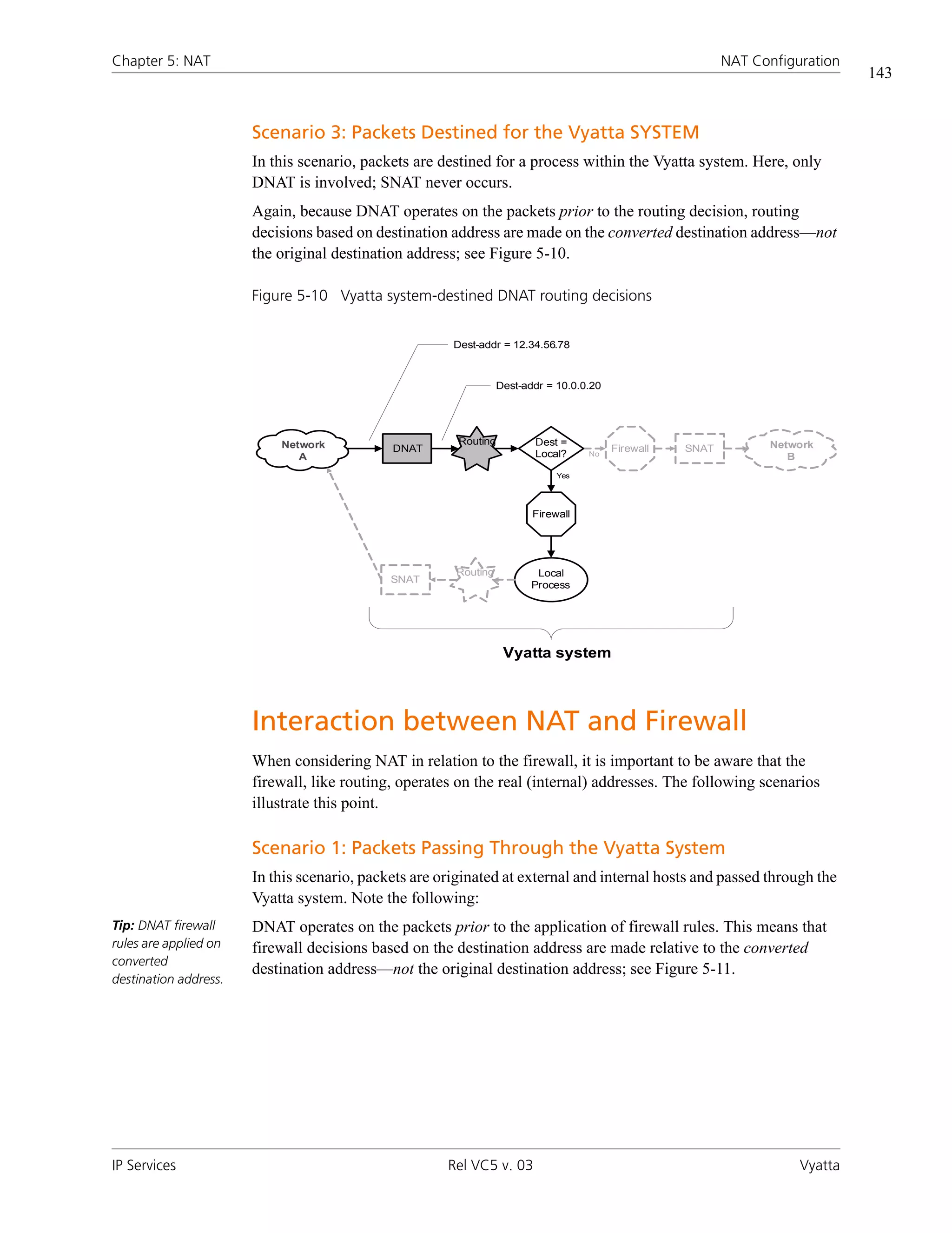 Chapter 5: NAT                                                                                             NAT Configuration
                                                                                                                               143


                       Scenario 3: Packets Destined for the Vyatta SYSTEM
                       In this scenario, packets are destined for a process within the Vyatta system. Here, only
                       DNAT is involved; SNAT never occurs.
                       Again, because DNAT operates on the packets prior to the routing decision, routing
                       decisions based on destination address are made on the converted destination address—not
                       the original destination address; see Figure 5-10.

                       Figure 5-10 Vyatta system-destined DNAT routing decisions


                                                       Dest-addr = 12.34.56.78



                                                                 Dest-addr = 10.0.0.20




                           Network                      Routing         Dest =                                   Network
                                             DNAT                                        Firewall   SNAT
                              A                                         Local?     No
                                                                                                                    B
                                                                             Yes




                                                                        Firewall




                                                       Routing           Local
                                             SNAT
                                                                        Process




                                                                  Vyatta system



                       Interaction between NAT and Firewall
                       When considering NAT in relation to the firewall, it is important to be aware that the
                       firewall, like routing, operates on the real (internal) addresses. The following scenarios
                       illustrate this point.

                       Scenario 1: Packets Passing Through the Vyatta System
                       In this scenario, packets are originated at external and internal hosts and passed through the
                       Vyatta system. Note the following:
Tip: DNAT firewall     DNAT operates on the packets prior to the application of firewall rules. This means that
rules are applied on   firewall decisions based on the destination address are made relative to the converted
converted
                       destination address—not the original destination address; see Figure 5-11.
destination address.




IP Services                                           Rel VC5 v. 03                                                   Vyatta
 