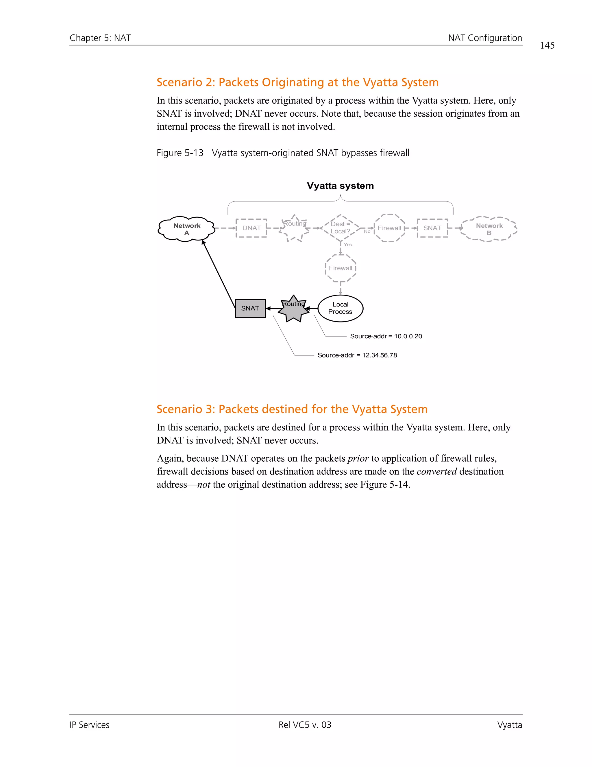 Chapter 5: NAT                                                                                         NAT Configuration
                                                                                                                           145


                 Scenario 2: Packets Originating at the Vyatta System
                 In this scenario, packets are originated by a process within the Vyatta system. Here, only
                 SNAT is involved; DNAT never occurs. Note that, because the session originates from an
                 internal process the firewall is not involved.

                 Figure 5-13 Vyatta system-originated SNAT bypasses firewall


                                                          Vyatta system



                     Network                    Routing         Dest =                                       Network
                                      DNAT                                     Firewall         SNAT
                        A                                       Local?    No                                    B
                                                                    Yes




                                                               Firewall




                                                Routing         Local
                                      SNAT
                                                               Process


                                                                      Source-addr = 10.0.0.20


                                                            Source-addr = 12.34.56.78




                 Scenario 3: Packets destined for the Vyatta System
                 In this scenario, packets are destined for a process within the Vyatta system. Here, only
                 DNAT is involved; SNAT never occurs.
                 Again, because DNAT operates on the packets prior to application of firewall rules,
                 firewall decisions based on destination address are made on the converted destination
                 address—not the original destination address; see Figure 5-14.




IP Services                                    Rel VC5 v. 03                                                      Vyatta
 