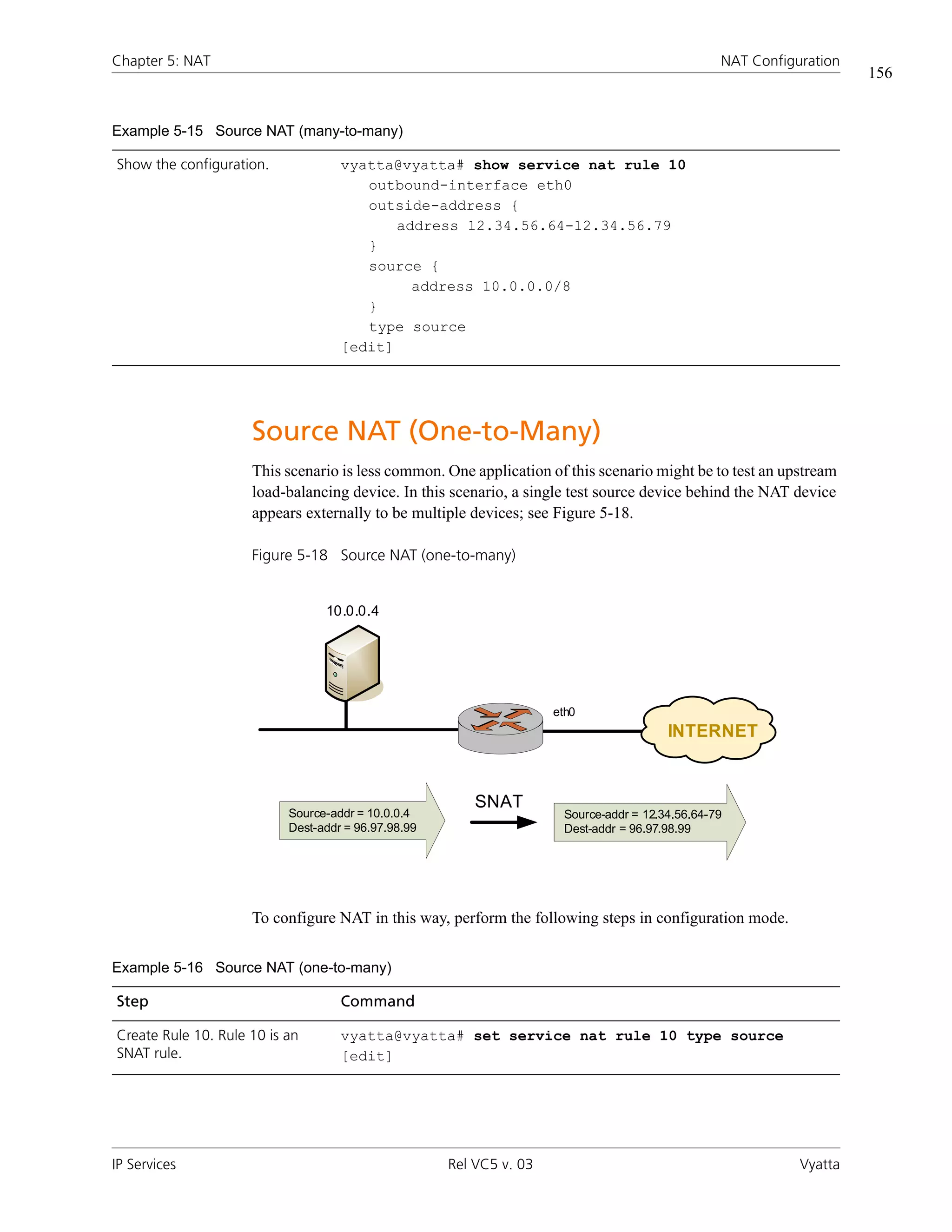 Chapter 5: NAT                                                                                   NAT Configuration
                                                                                                                     156


Example 5-15 Source NAT (many-to-many)

Show the configuration.             vyatta@vyatta# show service nat rule 10
                                       outbound-interface eth0
                                       outside-address {
                                           address 12.34.56.64-12.34.56.79
                                       }
                                       source {
                                             address 10.0.0.0/8
                                       }
                                       type source
                                    [edit]




                     Source NAT (One-to-Many)
                     This scenario is less common. One application of this scenario might be to test an upstream
                     load-balancing device. In this scenario, a single test source device behind the NAT device
                     appears externally to be multiple devices; see Figure 5-18.

                     Figure 5-18 Source NAT (one-to-many)


                                 10.0.0.4




                                                                     eth0
                                                                                        INTERNET



                                                         SNAT
                           Source-addr = 10.0.0.4                     Source-addr = 12.34.56.64-79
                           Dest-addr = 96.97.98.99                    Dest-addr = 96.97.98.99




                     To configure NAT in this way, perform the following steps in configuration mode.


Example 5-16 Source NAT (one-to-many)

Step                                Command

Create Rule 10. Rule 10 is an       vyatta@vyatta# set service nat rule 10 type source
SNAT rule.                          [edit]




IP Services                                          Rel VC5 v. 03                                          Vyatta
 