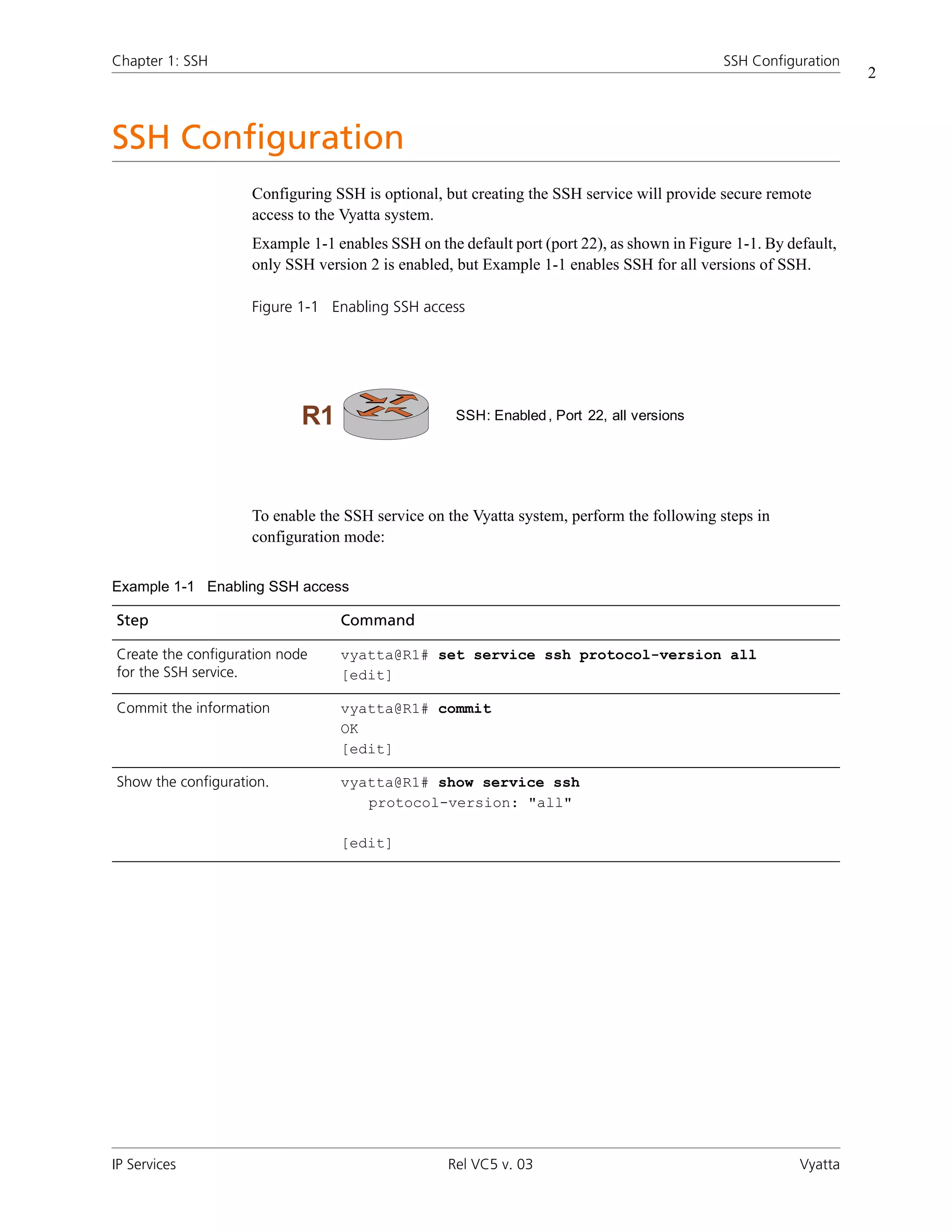 Chapter 1: SSH                                                                              SSH Configuration
                                                                                                                 2



SSH Configuration
                    Configuring SSH is optional, but creating the SSH service will provide secure remote
                    access to the Vyatta system.
                    Example 1-1 enables SSH on the default port (port 22), as shown in Figure 1-1. By default,
                    only SSH version 2 is enabled, but Example 1-1 enables SSH for all versions of SSH.

                    Figure 1-1 Enabling SSH access




                            R1                     SSH: Enabled , Port 22, all versions




                    To enable the SSH service on the Vyatta system, perform the following steps in
                    configuration mode:


Example 1-1 Enabling SSH access

Step                             Command

Create the configuration node    vyatta@R1# set service ssh protocol-version all
for the SSH service.             [edit]

Commit the information           vyatta@R1# commit
                                 OK
                                 [edit]

Show the configuration.          vyatta@R1# show service ssh
                                    protocol-version: "all"

                                 [edit]




IP Services                                       Rel VC5 v. 03                                         Vyatta
 