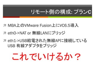 `ȂȤΘ: ץC	

?? MBAϤVMware FusionϤVC6.5

?? eth0->NAT or oLAN˥֥å

?? eth1->USBo늤줿oAP˽ӾAƤ
  USB оץ֥å


   Ǥ뤫	
 