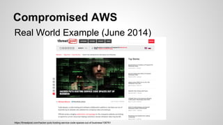 Compromised AWS
Real World Example (June 2014)
https://threatpost.com/hacker-puts-hosting-service-code-spaces-out-of-business/106761
 