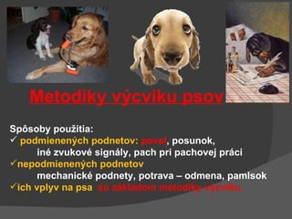Metodiky výcviku psov Spôsoby použitia: podmienených podnetov:  povel , posunok,  iné zvukové signály, pach pri pachovej práci  nepodmienených podnetov  mechanické podnety, potrava – odmena, pamlsok  ich vplyv na psa  sú základom metodiky výcviku. 