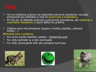 Hra Hry sú súčasťou prípravy na neskoršie pracovné zaťaženie, rozvíjajú schopnosti psa (šteňaťa) a učia ho  pozornosti a sústredeniu .  Pri hre nie  je dôležitá presnosť a precíznosť prevedenia, ale  nadšenie a maximálne nasadenie , s akým šteňa hru prežíva.  Väčšina psov má prirodzený záujem o hračky (loptičky, pískacie hračky…)  Motivácia hrou a potravou hry na lov koristi (loptička, pešek) –  koristnícky pud hru vždy začínate vy a tiež ukončujete hru vždy ukončujeme skôr ako prestane baviť psa 