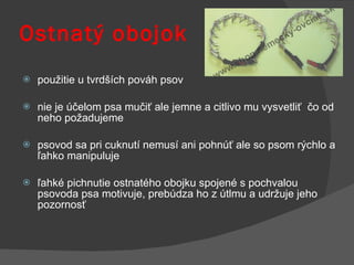 Ostnatý obojok použitie u tvrdších pováh psov  nie je účelom psa mučiť ale jemne a citlivo mu vysvetliť  čo od neho požadujeme  psovod sa pri cuknutí nemusí ani pohnúť ale so psom rýchlo a ľahko manipuluje ľahké pichnutie ostnatého obojku spojené s pochvalou psovoda psa motivuje, prebúdza ho z útlmu a udržuje jeho pozornosť 