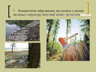 • біоценотичне забруднення, що полягає у впливі
на склад і структуру популяції живих організмів.
 