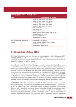 SINDUSCON-MG | CUB 57
Classe Discriminação do insumo
FAMÍLIA DE INSUMOS - PADRÃO BAIXO
Tubo de PVC rígido soldável diam. 20 mm
Tubo de PVC rígido soldável diam. 25 mm
Tubo de PVC rígido soldável diam. 32 mm
Tubo de PVC rígido soldável diam. 40 mm
Tubo de PVC rígido soldável diam. 50 mm
União diam. 32 mm
União diam. 40 mm
União diam. 50 mm
Vedação para saída de vaso sanitário diam. 100 mm
Válvula p/ lavatório PVC branco
Válvula p/ pia PVC branco
Válvula p/ tanque PVC branco
Vidro liso transparente 4mm colocado Vidro aramado 5 mm colocado
c/ massa Vidro de segurança da guarita 20 mm - colocado
Vidro fantasia - colocado
Vidro liso incolor 04 mm colocado
3 - Metodologia de cálculo do CUB/m²
O CUB/m² é calculado com base nos diversos projetos-padrão estabelecidos pela ABNT
NBR 12721:2006, levando-se em consideração os lotes básicos de insumos (materiais de
construção, mão-de-obra, despesas administrativas e equipamentos) com os seus respecti-
vos pesos constantes na referida norma.
A metodologia de cálculo do CUB/m² é simples e permite a consecução de indicadores muito
realistas. Os salários, os preços dos materiais de construção, as despesas administrativas e os
custos com aluguel de equipamentos são pesquisados mensalmente pelos Sindicatos da
Indústria da Construção de todo o país. A pesquisa, preferencialmente, é realizada junto às
construtoras, mas também pode, eventualmente, ser realizada junto a fornecedores da indús-
tria, do comércio atacadista ou varejista, conforme prevê o item 8.3.3 da ABNT NBR
12721:2006: “no caso dos materiais de construção, a coleta pode eventualmente ser realizada com
informações levantadas junto a fornecedores da indústria, do comércio atacadista ou varejista,
sendo que os preços dos materiais, posto obra, devem incluir as despesas com tributos e fretes”.
A ABNT NBR 12721:2006 recomenda que a coleta de dados (preços dos insumos) seja com-
posta de, no mínimo, 20 informações, e deve ser realizada mensalmente entre o 1º e o 25º dia
do mês de referência do custo. Além disso, deve-se efetuar um tratamento estatístico dos
dados, ou seja, o seu cálculo não pode se resumir apenas à verificação do desempenho médio
dos insumos. Deve-se buscar, para cada insumo, um dado que espelhe com fidelidade a real
evolução do seu preço. Só assim, é possível a consecução de um CUB mais realista em valor
absoluto. Neste sentido, torna-se uma importante tarefa o tratamento estatístico dos dados.
 