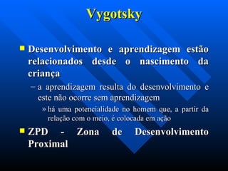 Vygotsky Desenvolvimento e aprendizagem estão relacionados desde o nascimento da criança  a aprendizagem resulta do desenvolvimento e este não ocorre sem aprendizagem  há uma potencialidade no homem que, a partir da relação com o meio, é colocada em ação  ZPD - Zona de Desenvolvimento Proximal 