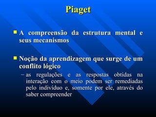 Piaget A compreensão da estrutura mental e seus mecanismos  Noção da aprendizagem que surge de um conflito lógico  as regulações e as respostas obtidas na interação com o meio podem ser remediadas pelo indivíduo e, somente por ele, através do saber compreender 
