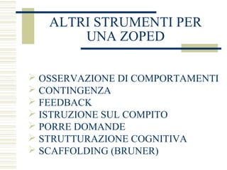 ALTRI STRUMENTI PER
UNA ZOPED
 OSSERVAZIONE DI COMPORTAMENTI
 CONTINGENZA
 FEEDBACK
 ISTRUZIONE SUL COMPITO
 PORRE DOMANDE
 STRUTTURAZIONE COGNITIVA
 SCAFFOLDING (BRUNER)

 