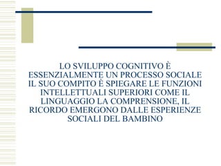 LO SVILUPPO COGNITIVO È
ESSENZIALMENTE UN PROCESSO SOCIALE
IL SUO COMPITO È SPIEGARE LE FUNZIONI
INTELLETTUALI SUPERIORI COME IL
LINGUAGGIO LA COMPRENSIONE, IL
RICORDO EMERGONO DALLE ESPERIENZE
SOCIALI DEL BAMBINO

 