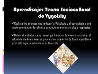 Aprendizaje: Teoría Sociocultural
           de Vygotsky
Rechaza los enfoques que reducen la Psicología y el aprendizaje a una
simple acumulación de reflejos o asociaciones entre estímulos y respuestas.

Define al mediador como aquel que incentiva de manera natural en el
estudiante mediante avances que en el no sucederían de forma espontánea
y con esto logra un adelanto en su desarrollo .
 