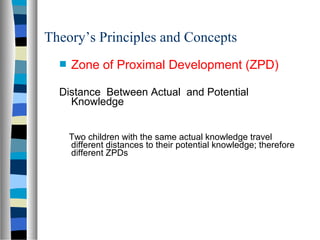 Theory’s Principles and Concepts
     Zone of Proximal Development (ZPD)

  Distance Between Actual and Potential
    Knowledge


      Two children with the same actual knowledge travel
      different distances to their potential knowledge; therefore
      different ZPDs
 