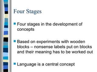 Four Stages
 Four
     stages in the development of
 concepts

 Based on experiments with wooden
 blocks – nonsense labels put on blocks
 and their meaning has to be worked out

 Language   is a central concept
 