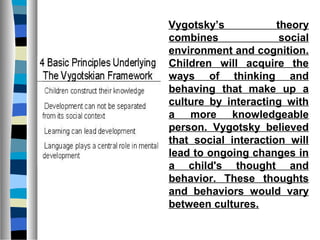 Vygotsky’s            theory
combines               social
environment and cognition.
Children will acquire the
ways of thinking and
behaving that make up a
culture by interacting with
a more knowledgeable
person. Vygotsky believed
that social interaction will
lead to ongoing changes in
a child's thought and
behavior. These thoughts
and behaviors would vary
between cultures.
 