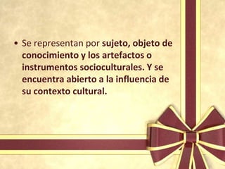 • Se representan por sujeto, objeto de
  conocimiento y los artefactos o
  instrumentos socioculturales. Y se
  encuentra abierto a la influencia de
  su contexto cultural.
 