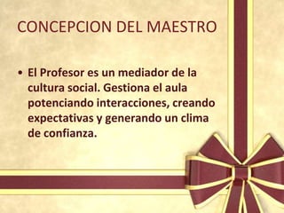 CONCEPCION DEL MAESTRO

• El Profesor es un mediador de la
  cultura social. Gestiona el aula
  potenciando interacciones, creando
  expectativas y generando un clima
  de confianza.
 