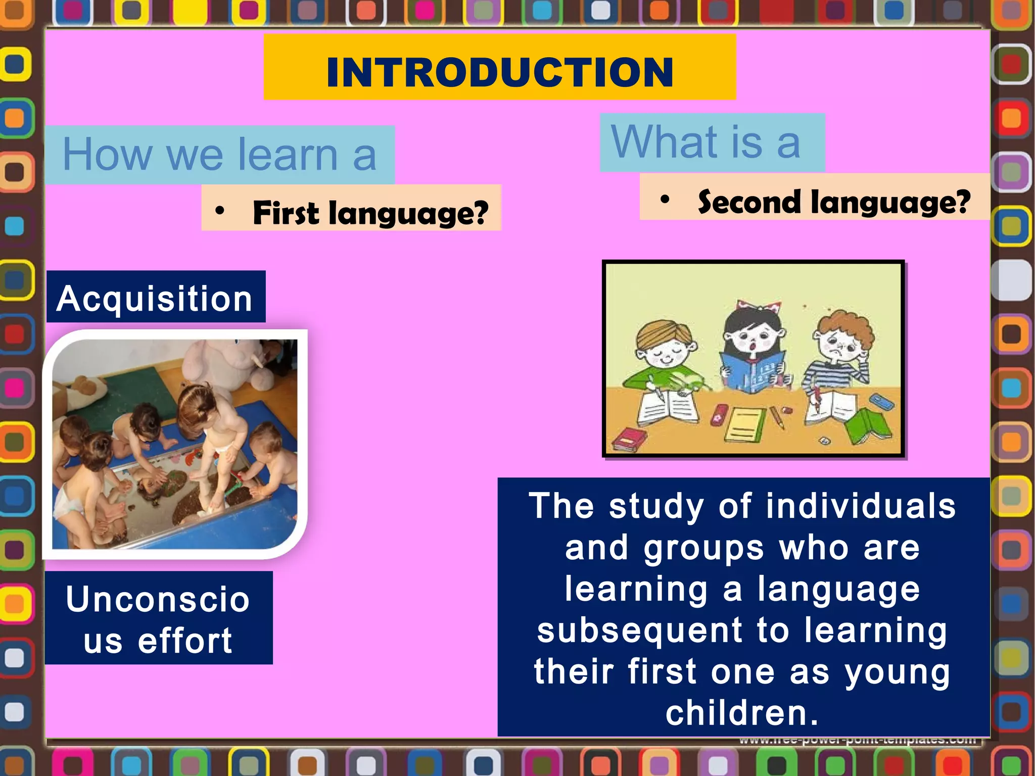 INTRODUCTION

How we learn a
• First language?

What is a
• Second language?

Acquisition

Unconscio
us effort

The study of individuals
and groups who are
learning a language
subsequent to learning
their first one as young
children.

 