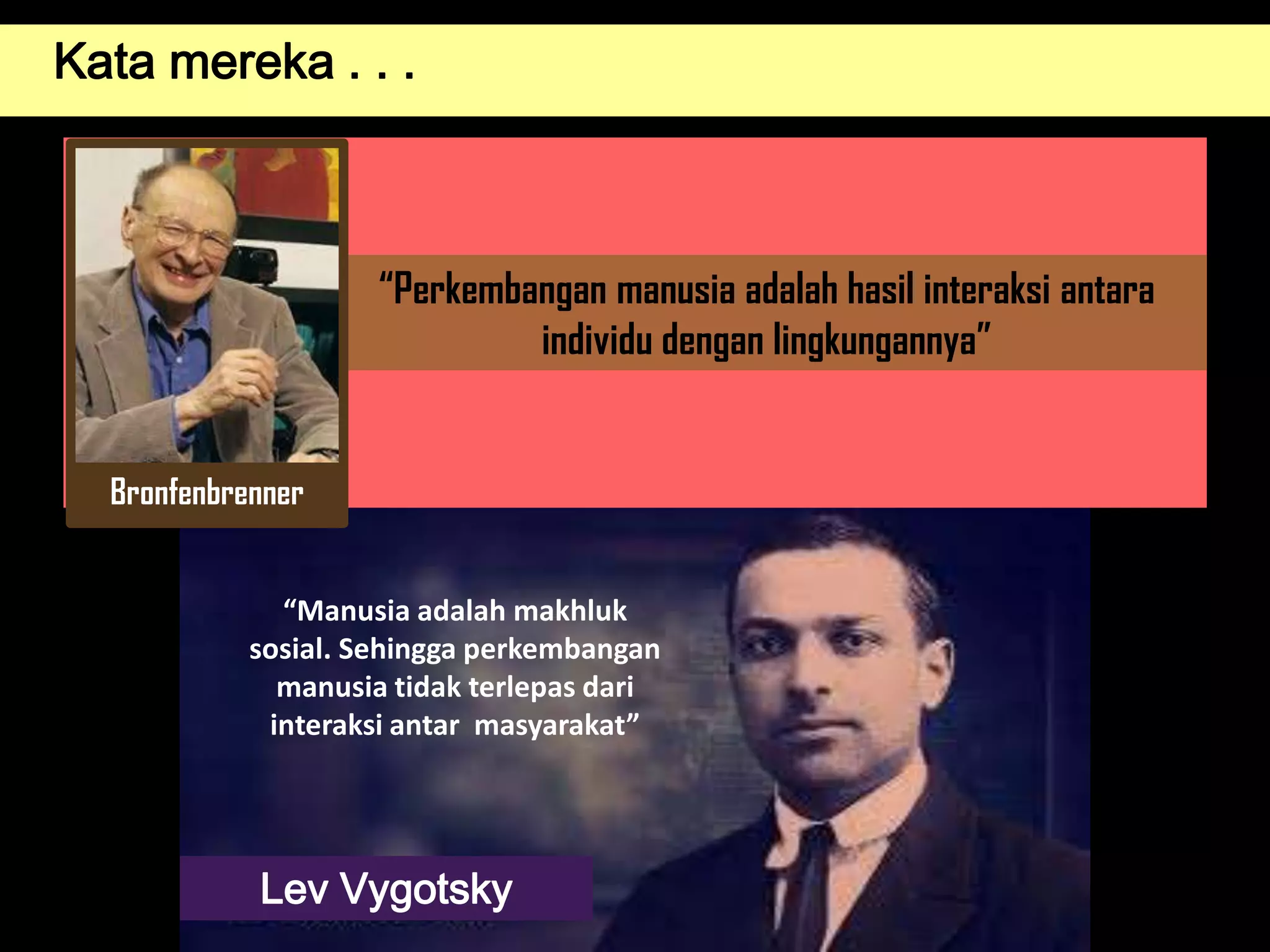 Kata mereka . . .

“Perkembangan manusia adalah hasil interaksi antara
individu dengan lingkungannya”

Bronfenbrenner
“Manusia adalah makhluk
sosial. Sehingga perkembangan
manusia tidak terlepas dari
interaksi antar masyarakat”

Lev Vygotsky

 
