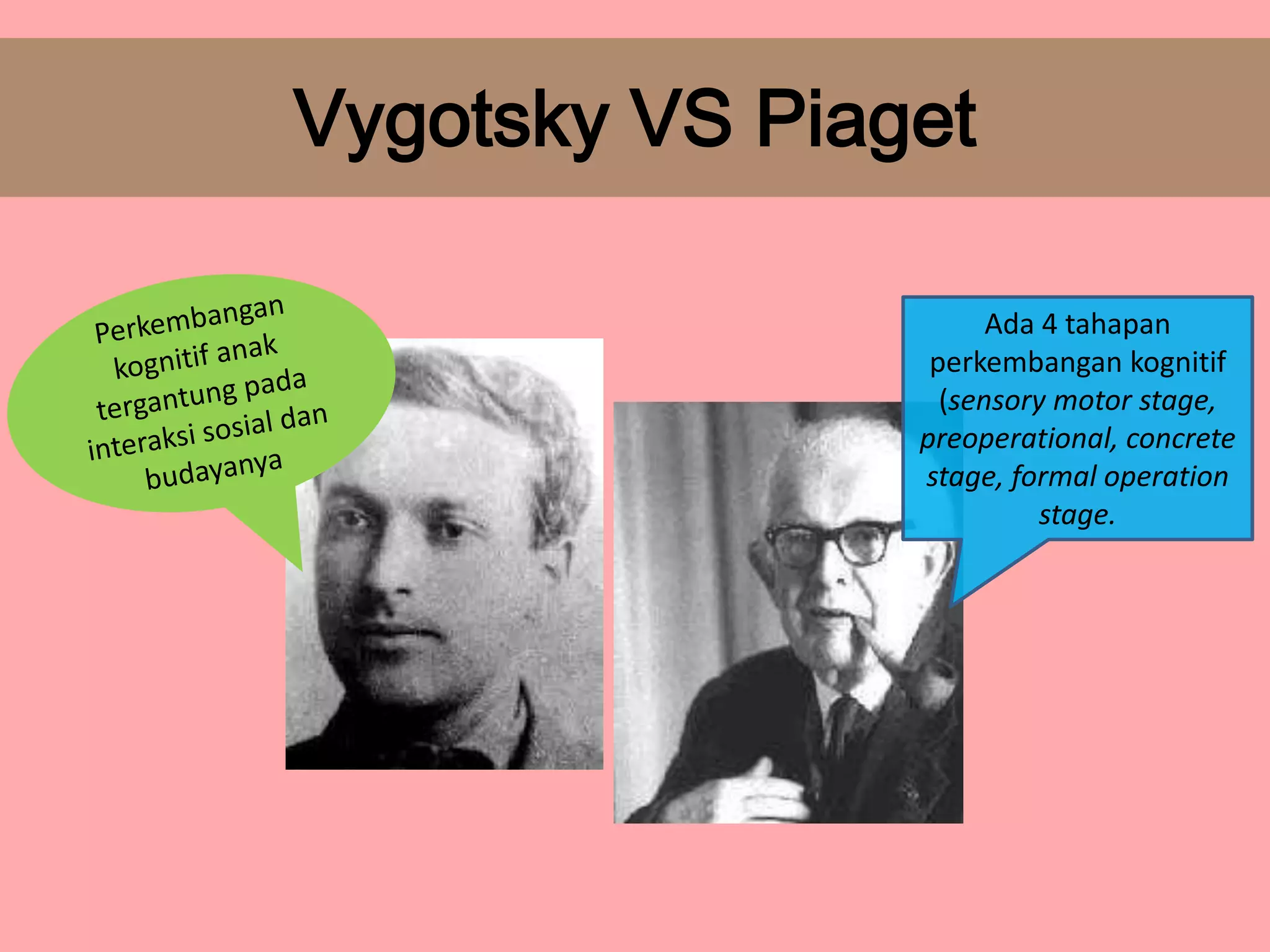 Vygotsky VS Piaget
Ada 4 tahapan
perkembangan kognitif
(sensory motor stage,
preoperational, concrete
stage, formal operation
stage.

 