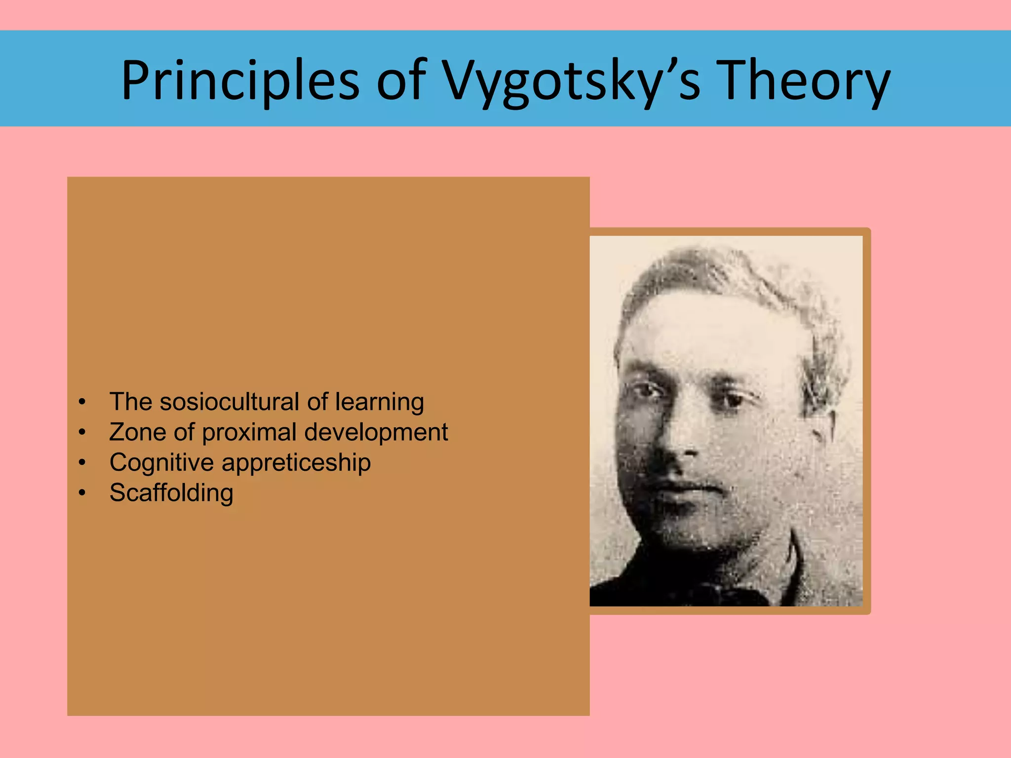 Principles of Vygotsky’s Theory

•
•
•
•

The sosiocultural of learning
Zone of proximal development
Cognitive appreticeship
Scaffolding

 