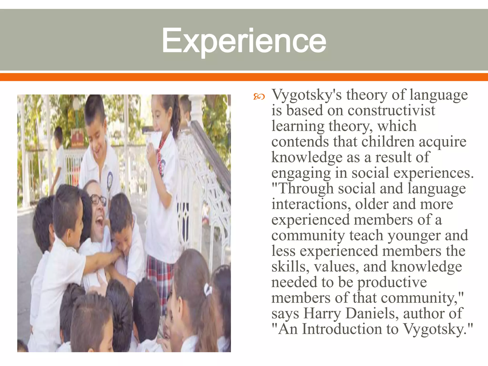   Vygotsky's theory of language
    is based on constructivist
    learning theory, which
    contends that children acquire
    knowledge as a result of
    engaging in social experiences.
    "Through social and language
    interactions, older and more
    experienced members of a
    community teach younger and
    less experienced members the
    skills, values, and knowledge
    needed to be productive
    members of that community,"
    says Harry Daniels, author of
    "An Introduction to Vygotsky."
 