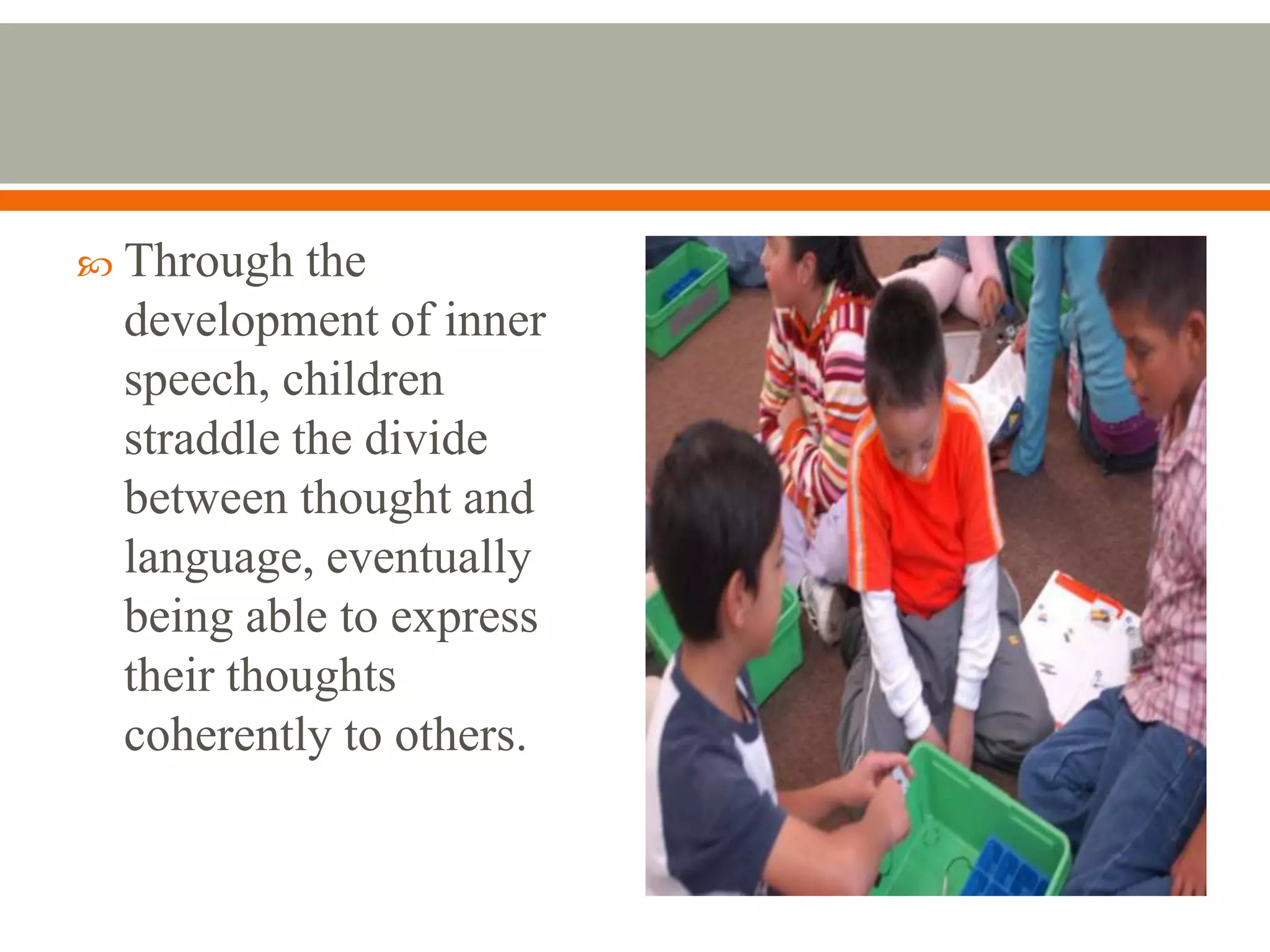  Through  the
 development of inner
 speech, children
 straddle the divide
 between thought and
 language, eventually
 being able to express
 their thoughts
 coherently to others.
 